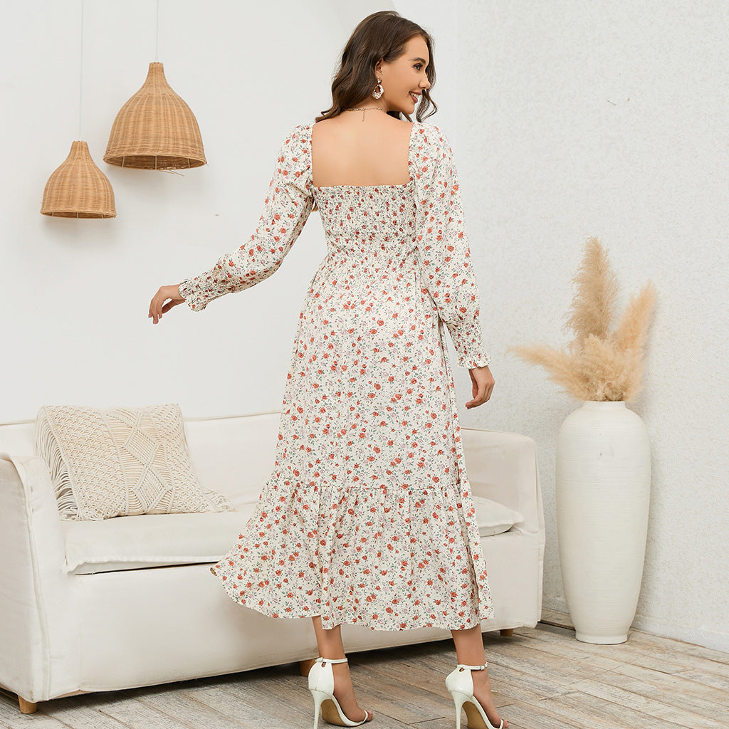 Pregnant Women Fashion Casual Chiffon Floral Printed Ruffled Long-Sleeve Dress