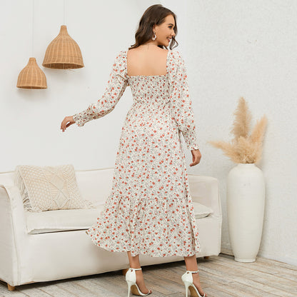 Pregnant Women Fashion Casual Chiffon Floral Printed Ruffled Long-Sleeve Dress