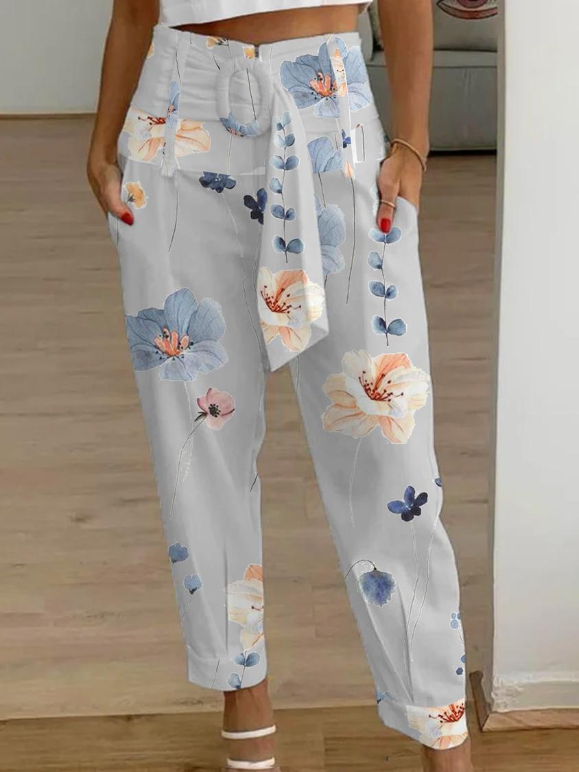 Women Casual Summer Solid Color Linen Floral Pants