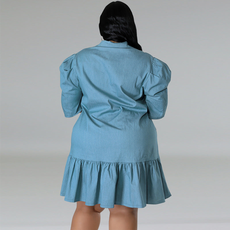 Women Fashion Casual Plus Size Lapel Short Sleeve Pleated Denim Dress