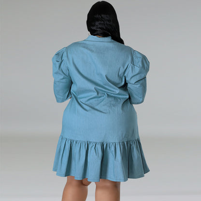 Women Fashion Casual Plus Size Lapel Short Sleeve Pleated Denim Dress
