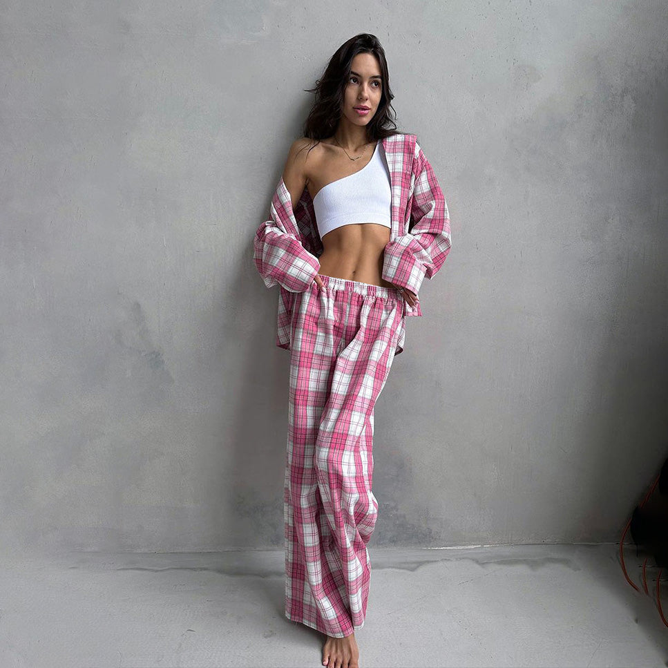 Conjunto de pijama informal de manga larga con solapa y pantalones holgados a cuadros rojos para mujer