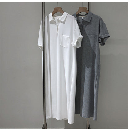 Women Basic Casual Summer Loose Short-sleeved Solid Color Lapel Shirt Dress