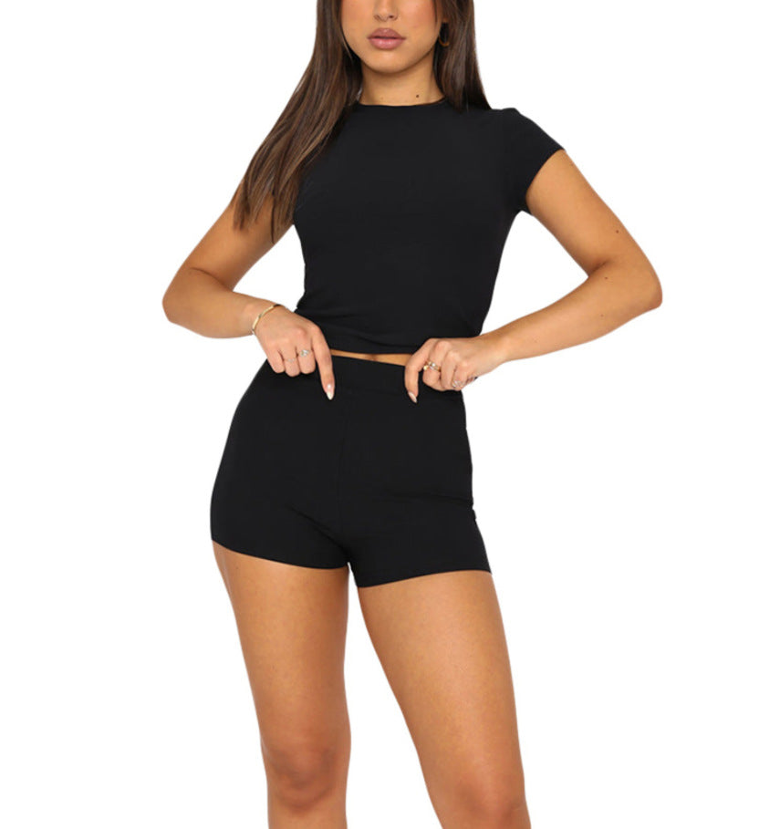 Conjunto informal de camiseta y pantalones cortos de manga corta ajustados para mujer, color liso, básico, deportivo, de verano