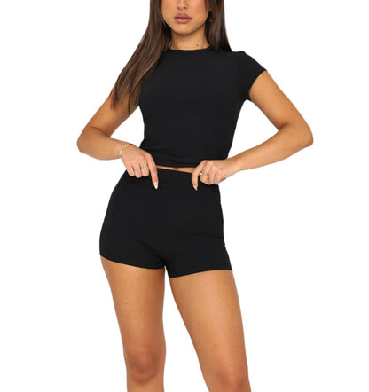 Conjunto informal de camiseta y pantalones cortos de manga corta ajustados para mujer, color liso, básico, deportivo, de verano