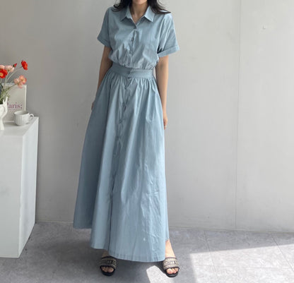 Women Casual Solid Color Loose Lasel Single-Breasted Long Shirt Dress