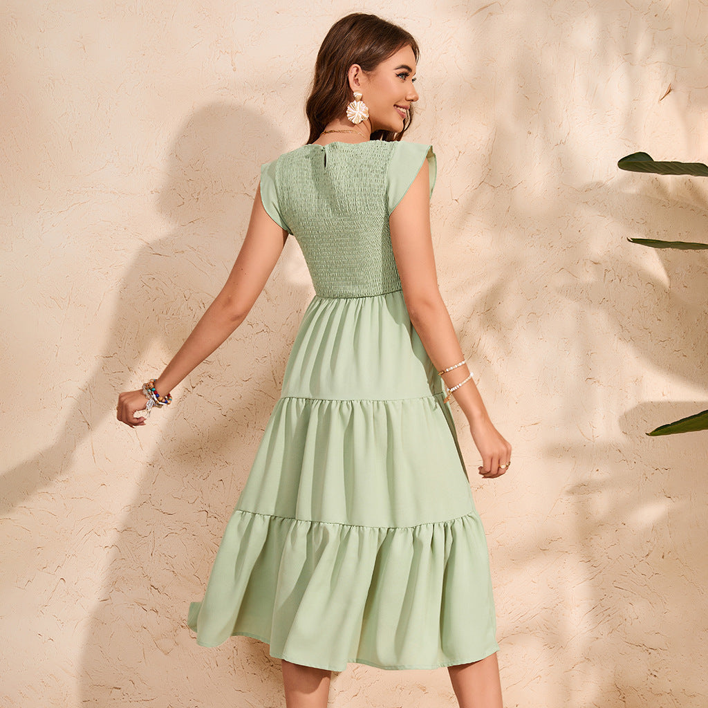 Pregnant Women Casual Solid Color Chiffon Pleated Round Neck Sleeveless Dress