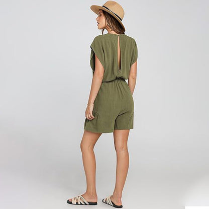 Women Casual Solid Color Cotton Linen Short-Sleeved Drawstring Lace-Up Rompers