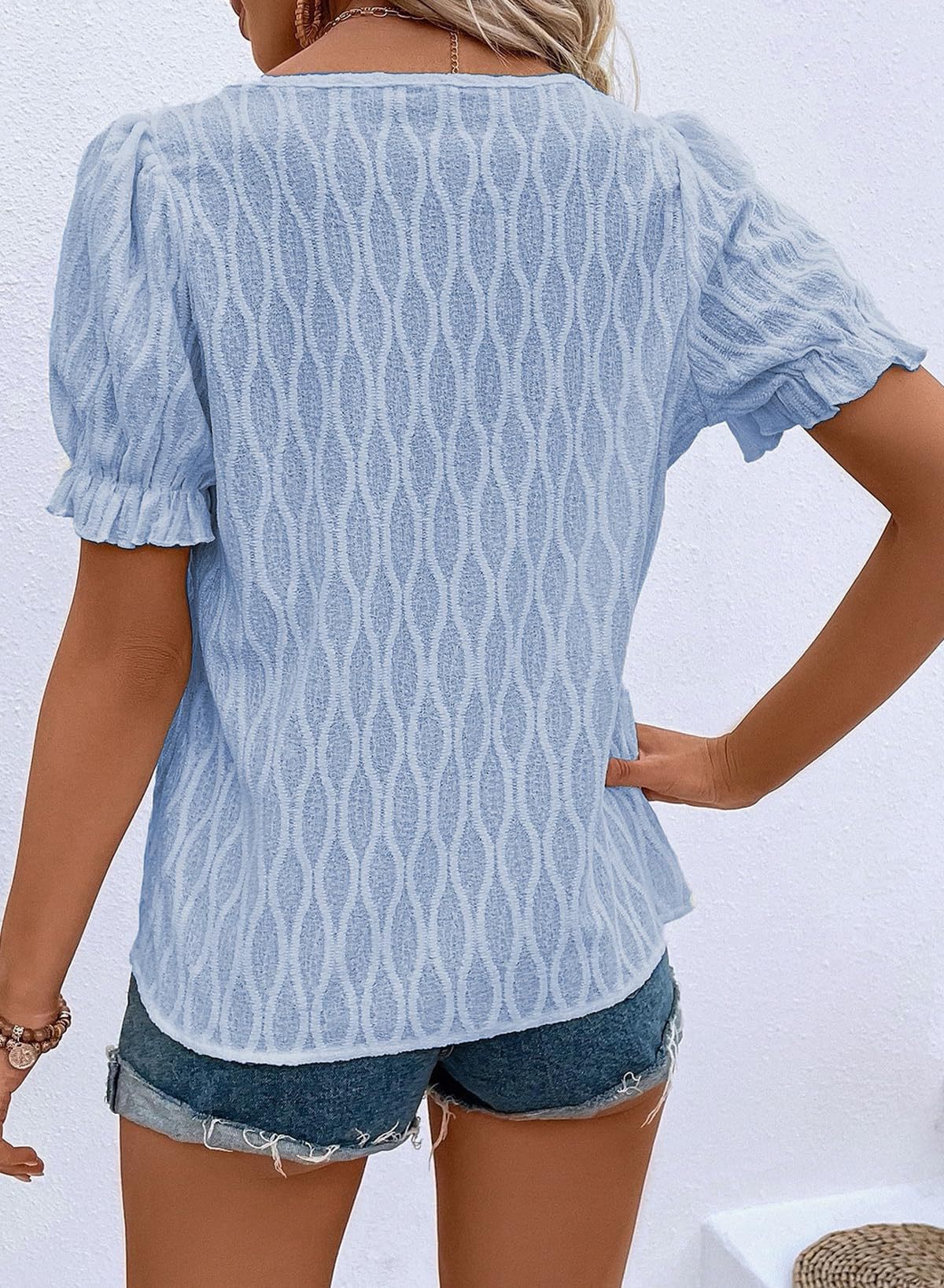 Blusa informal de jacquard de color liso con cuello en V y mangas abullonadas para mujer
