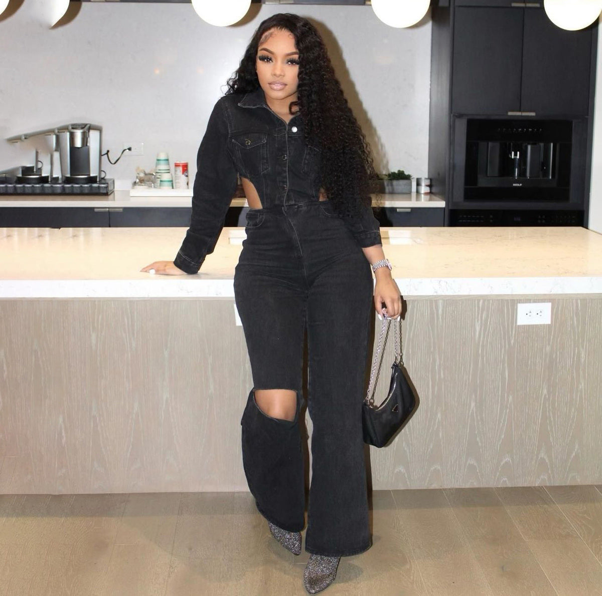 Women Fashion Casual Lapel Hollow-Out Denim Jumpsuit