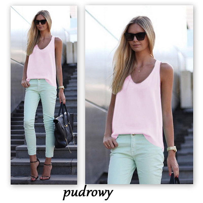 Women Casual Chiffon Solid Color Sleeveless U-Neck Tanks