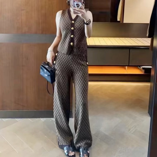 Women Casual Retro Sleeveless Knitted Vest Metal Buckle Wide Leg Pants Two-Piece Set