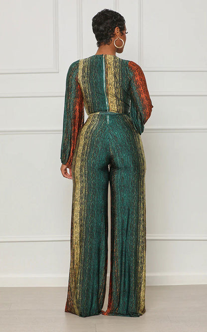 Women Fashion Casual V-Neck Long-Sleeved Straight Jumpsuit