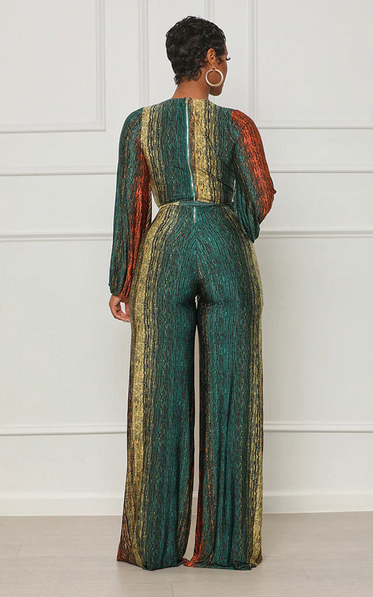 Women Fashion Casual V-Neck Long-Sleeved Straight Jumpsuit