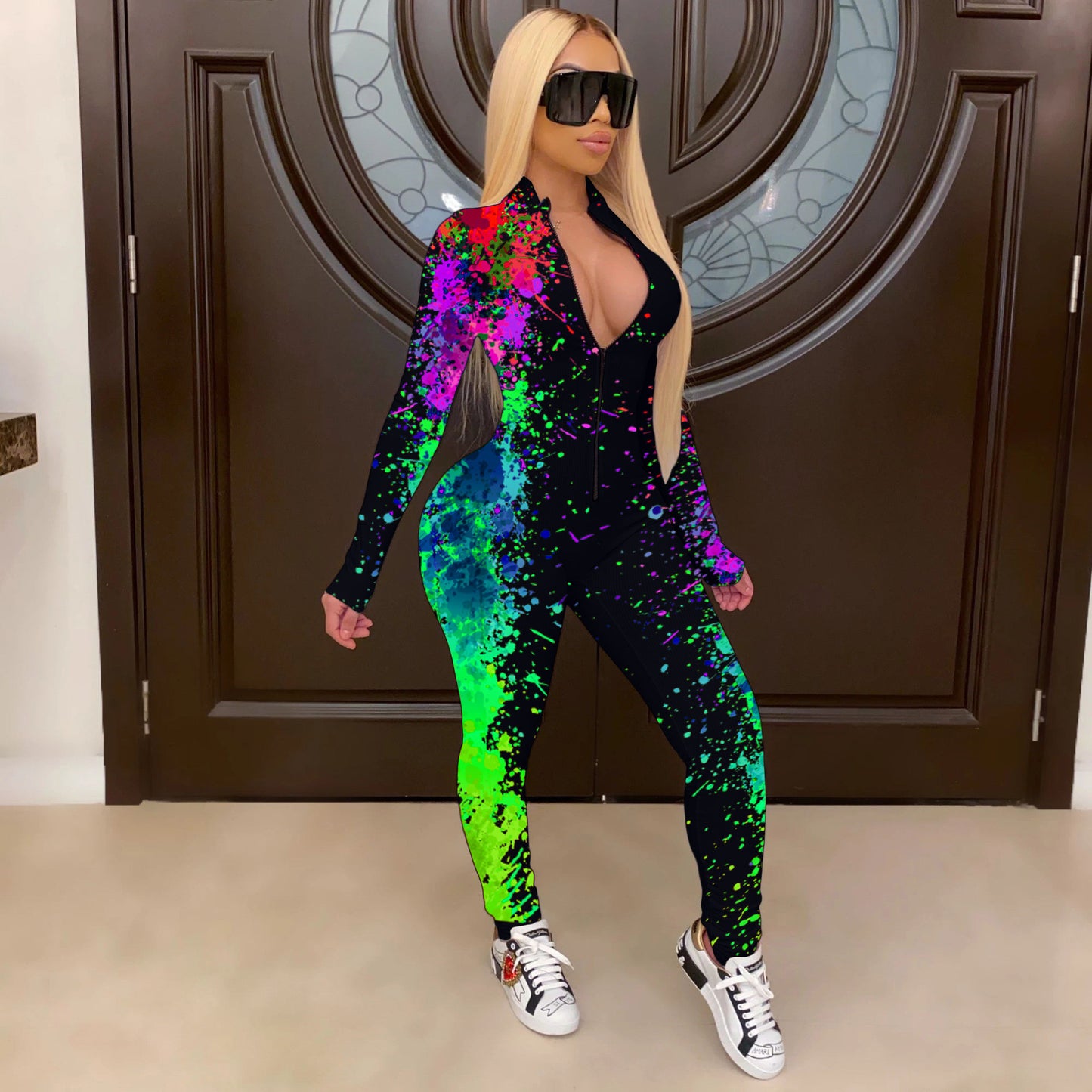 Mono ajustado informal con cuello en V y mangas largas con efecto tie-dye para mujer