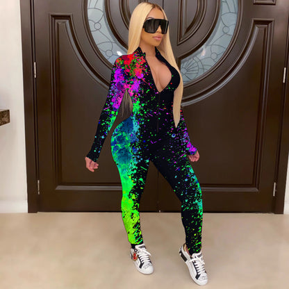 Mono ajustado informal con cuello en V y mangas largas con efecto tie-dye para mujer