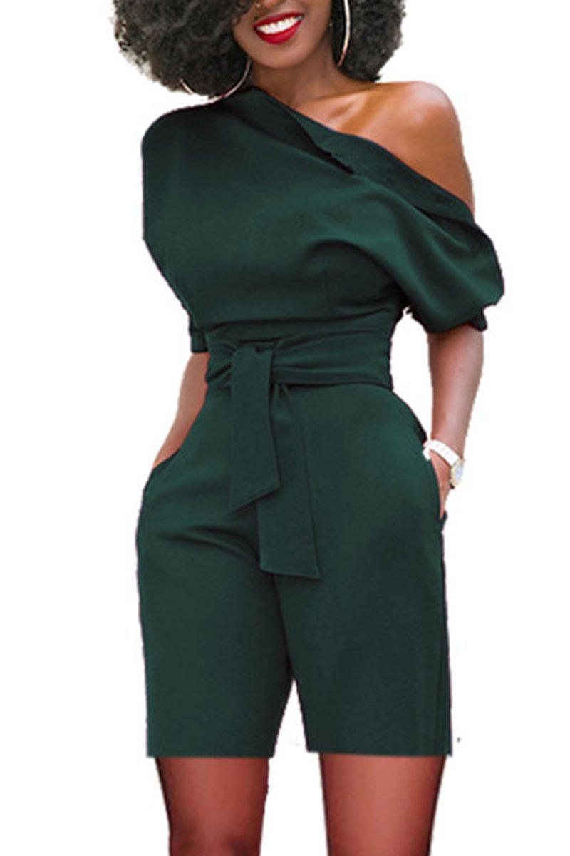 Women Casual Elegant Off-Shoulder Button Down Solid Color Short Sleeve Rompers