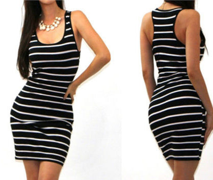 Women'S Fashion Casual Stripe Slim Fit Sleeveless Tank Top Long Dress