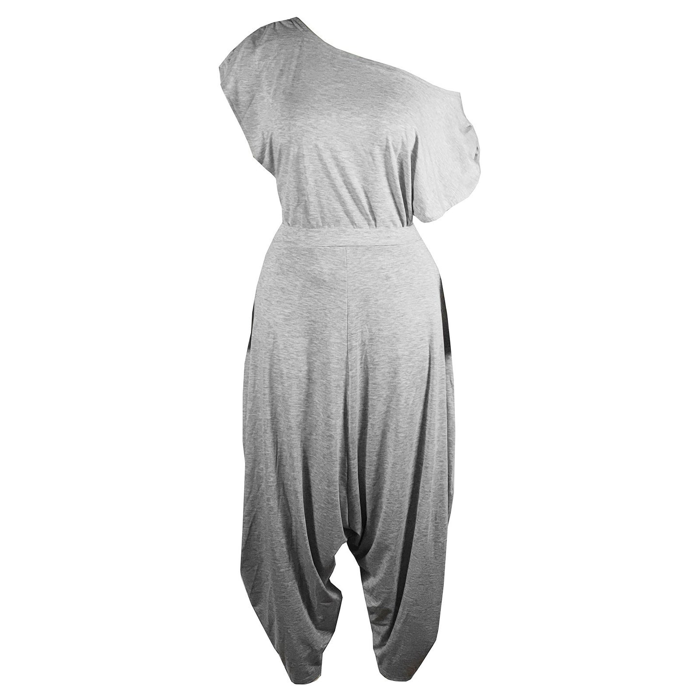 Conjunto de dos piezas de pantalones harén informales de algodón de color liso con hombros inclinados para mujer