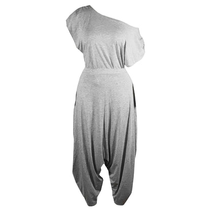 Conjunto de dos piezas de pantalones harén informales de algodón de color liso con hombros inclinados para mujer