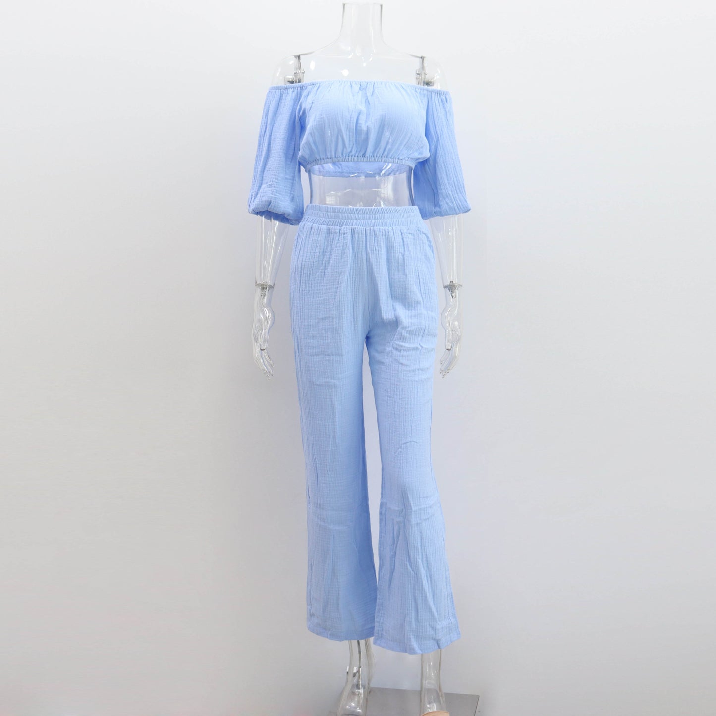 Women Solid Color Wrinkle Off-The-Shoulder Croptop And High Waist Wide-Leg Pants Casual Suit