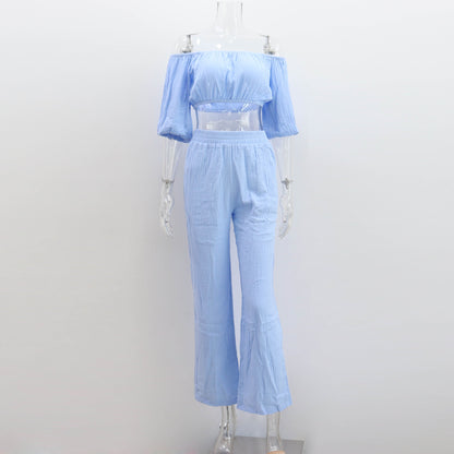 Women Solid Color Wrinkle Off-The-Shoulder Croptop And High Waist Wide-Leg Pants Casual Suit