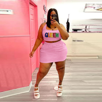 Conjunto de dos piezas de top corto y falda con apliques de letras Queen, informal, deportivo, sin mangas, para mujer