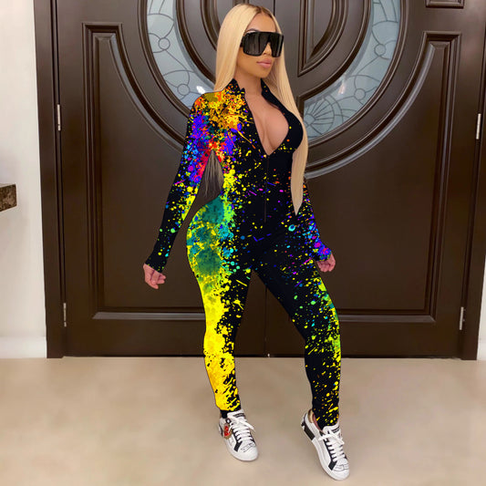 Women Casual Edgy Tie Dye Long Sleeves V Neck Bodycon Jumpsuits