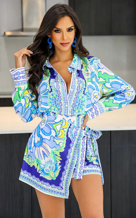 Women Fashion Casual Floarl Printing Lapel Two-Piece Shorts Set