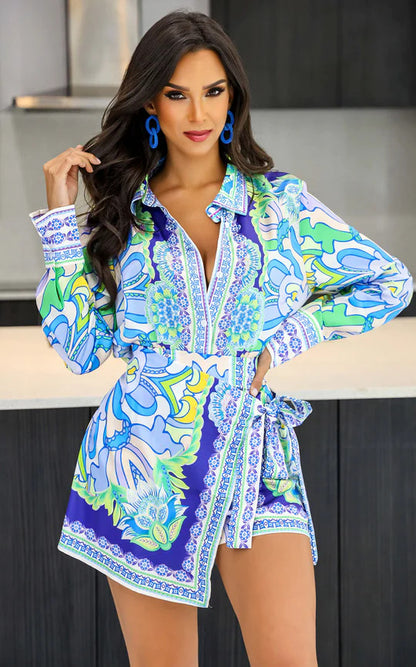 Women Fashion Casual Floarl Printing Lapel Two-Piece Shorts Set