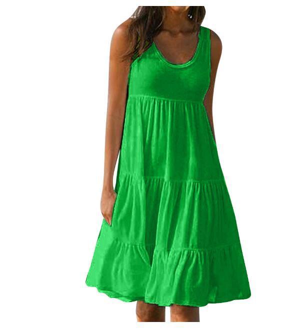 Women Fashion Casual Basic Solid Color U-Neck Sleeveless Loose Dress