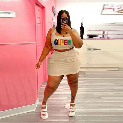 Conjunto de dos piezas de top corto y falda con apliques de letras Queen, informal, deportivo, sin mangas, para mujer