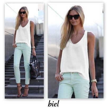 Women Casual Chiffon Solid Color Sleeveless U-Neck Tanks