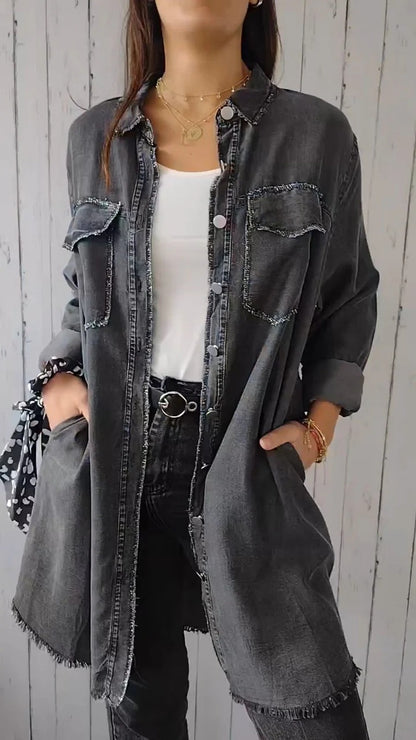 Chaqueta vaquera informal de moda para mujer con bolsillo