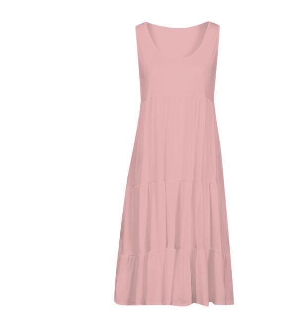 Women Fashion Casual Basic Solid Color U-Neck Sleeveless Loose Dress