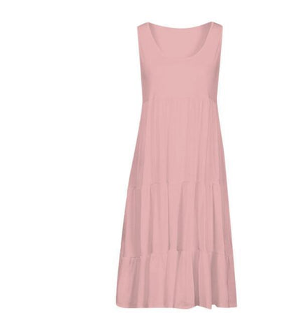 Women Fashion Casual Basic Solid Color U-Neck Sleeveless Loose Dress