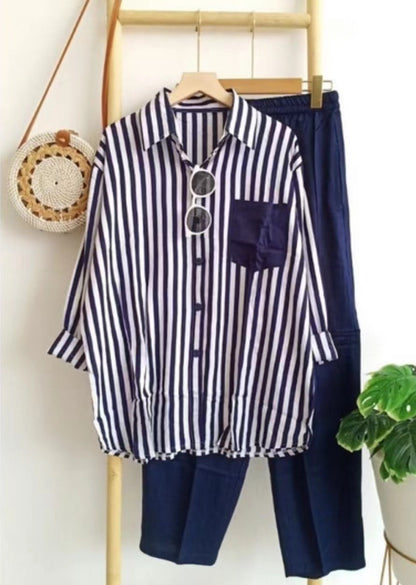 Conjunto de dos piezas de top y pantalón de manga larga informal a rayas para mujer