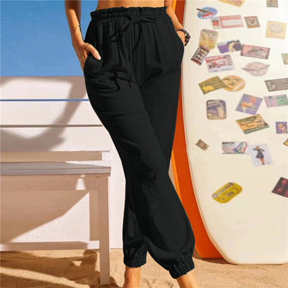 Women Fashion Casual Solid Color Elastic Waist Jogger Pants