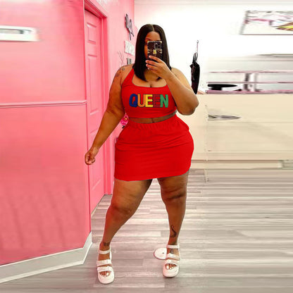 Conjunto de dos piezas de top corto y falda con apliques de letras Queen, informal, deportivo, sin mangas, para mujer