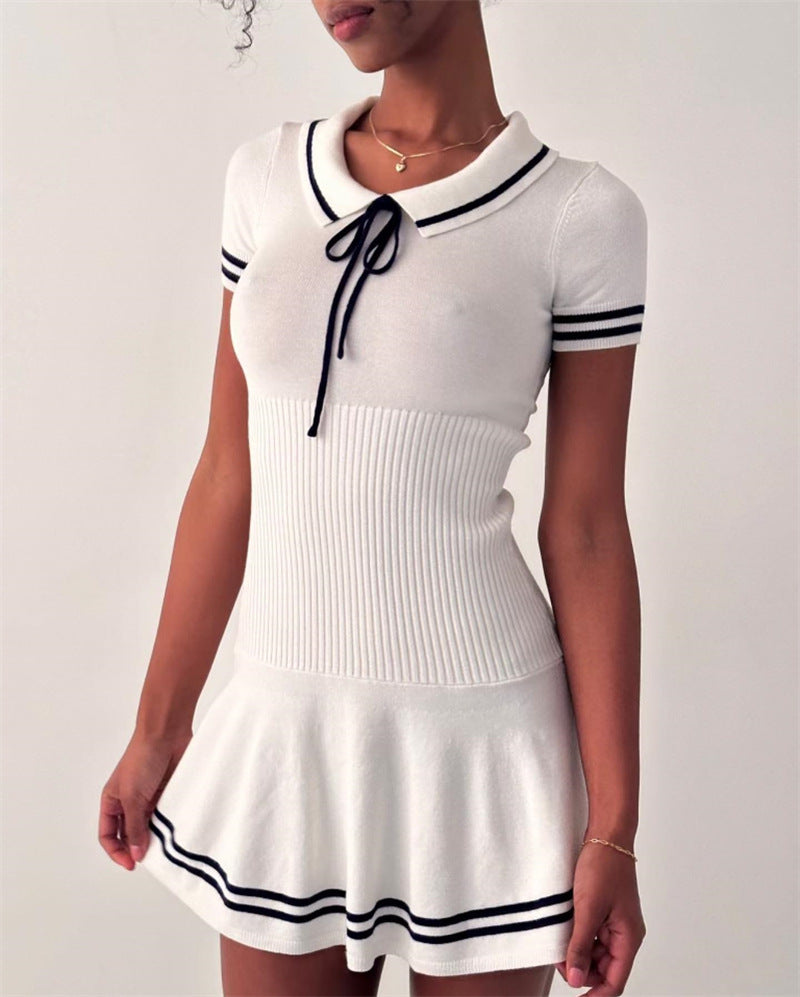 Vestido de verano para mujer, estilo universitario, informal, de manga corta, tejido a rayas, con cuello polo