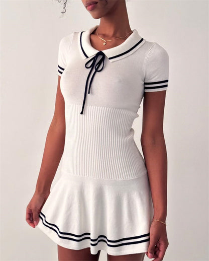 Vestido de verano para mujer, estilo universitario, informal, de manga corta, tejido a rayas, con cuello polo