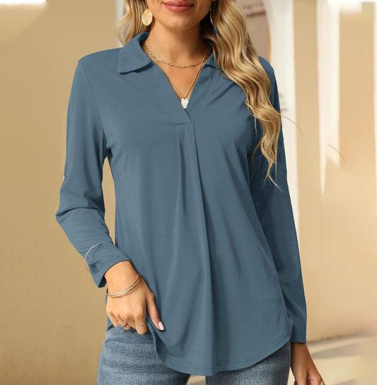 Blusa informal de manga larga con cuello en V y color liso para mujer