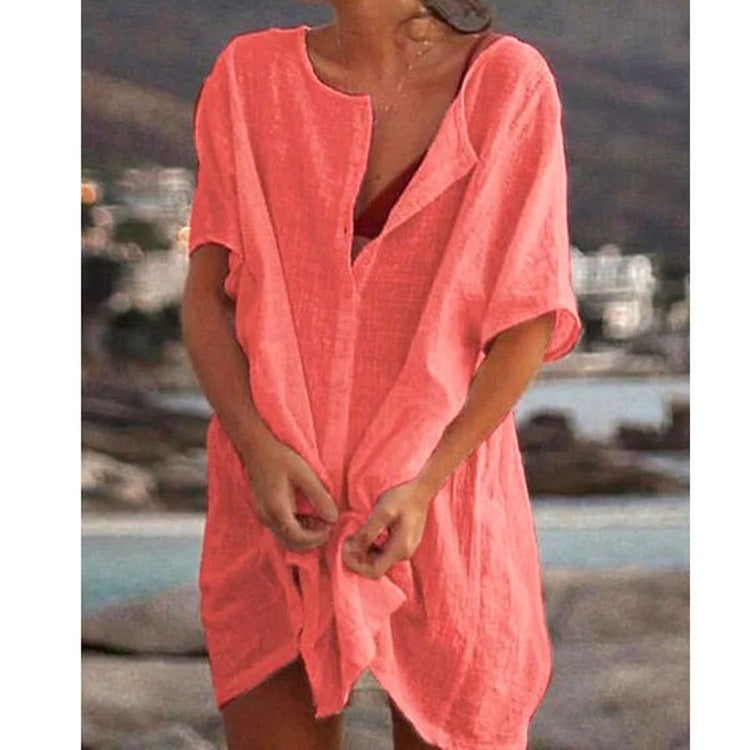 Blusa holgada informal de manga corta para mujer, color liso, para playa y vacaciones