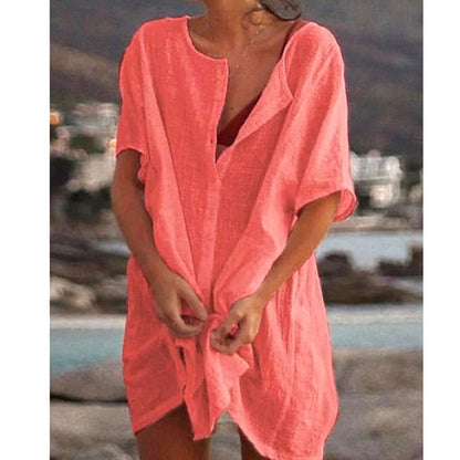Blusa holgada informal de manga corta para mujer, color liso, para playa y vacaciones