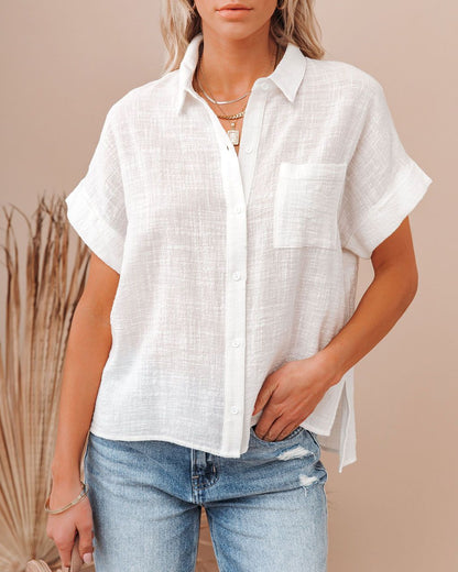 Blusa informal de manga corta con botones y nudo para mujer, color liso, a la moda