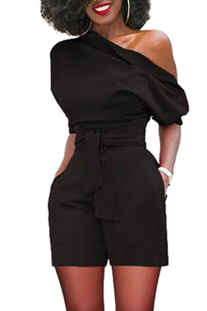 Women Casual Elegant Off-Shoulder Button Down Solid Color Short Sleeve Rompers