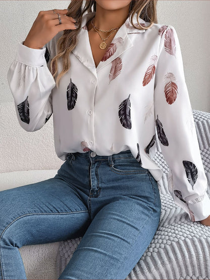 Blusa informal de manga larga con estampado de plumas para mujer