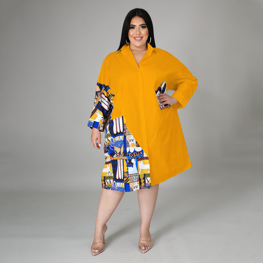 Plus Size Women Casual Elegant Color Blocking Patchwork Single-breasted Long Sleeves Office Shirt Dress