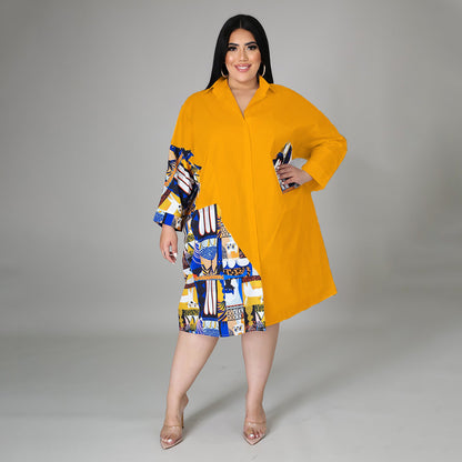 Plus Size Women Casual Elegant Color Blocking Patchwork Single-breasted Long Sleeves Office Shirt Dress