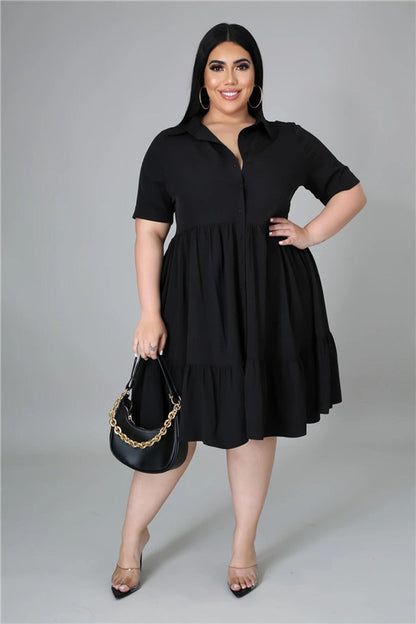 Plus Size Women Summer Casual Solid Color Short Sleeves Single-breasted Ruffled Shirt Dress